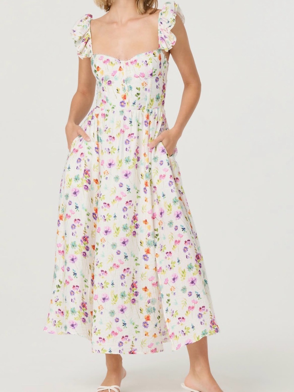 Astr White Floral Midi Dress with Multicolor Print